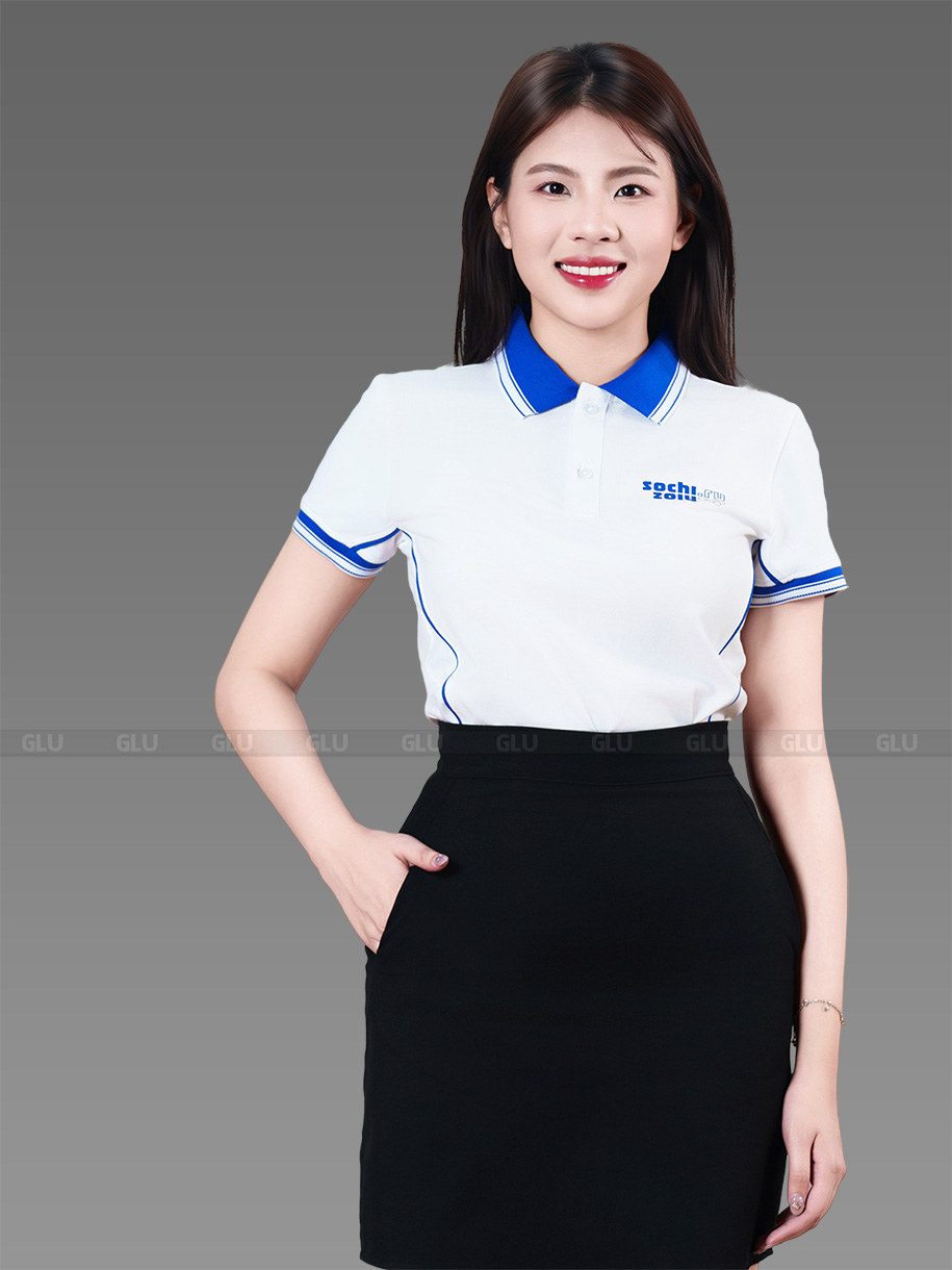 mẫu áo polo đồng phục sochi màu trắng phối xanh bích 2