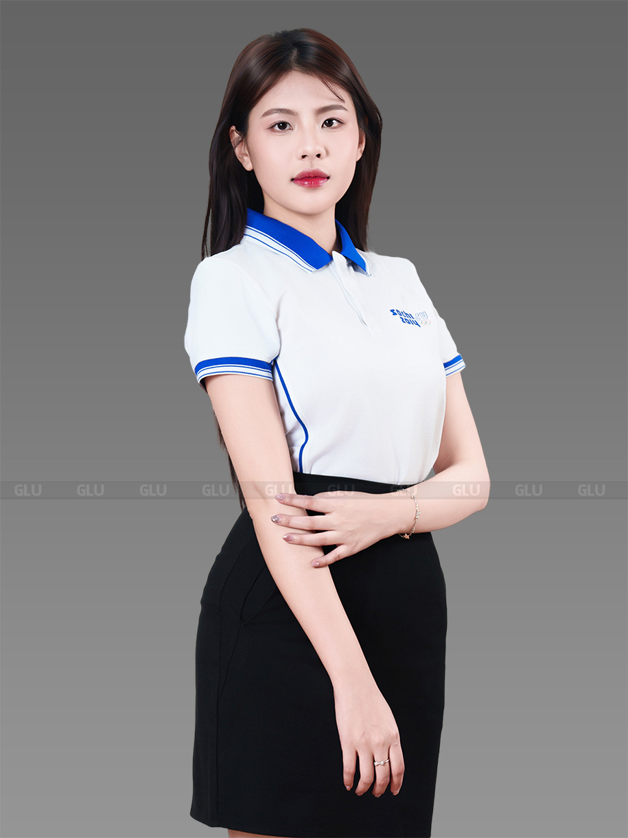 mẫu áo polo đồng phục sochi màu trắng phối xanh bích 6